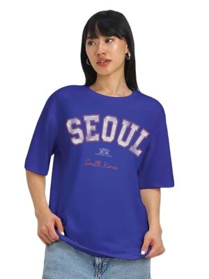 JUNEBERRY® Round Neck Drop Shoulder Round Neck Black & White Graphic Printed Pure Cotton Oversized Baggy Fit Half Sleeve T-Shirt for Women & Girls