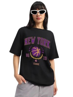 JUNEBERRY® Round Neck Drop Shoulder Round Neck Black & White Graphic Printed Pure Cotton Oversized Baggy Fit Half Sleeve T-Shirt for Women & Girls