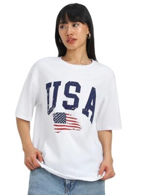 JUNEBERRY® Round Neck Drop Shoulder Round Neck Black & White Graphic Printed Pure Cotton Oversized Baggy Fit Half Sleeve T-Shirt for Women & Girls